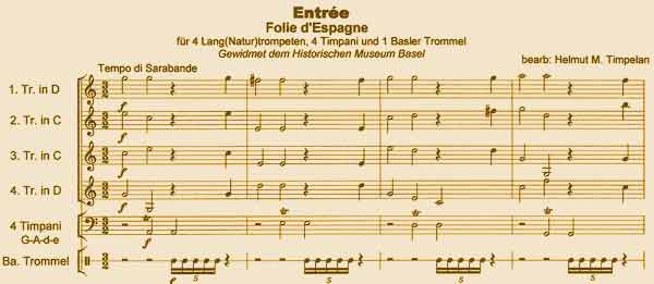 opening of sheet music of Folie d'Espagne für 4 Basler Lang(Natur)trompeten arranged by Helmut Timpelan 15kB